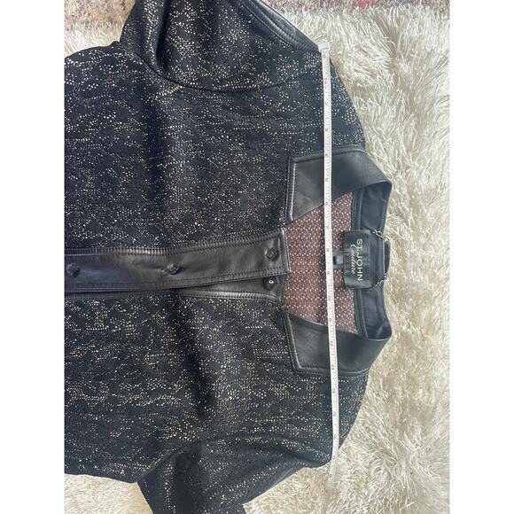 St John Couture Tweed wool Blazer Jacket Size 12 Black Leather Trim  button Knit - Picture 11 of 11